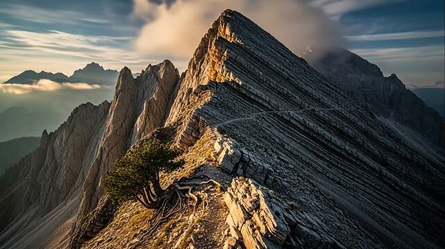 Rugged Mountain Peaks with Stratified Rock Formations and Winding Trail under Cloudy Sky