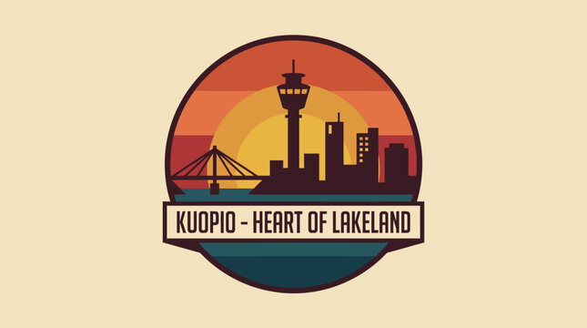 Kuopio Heart of Lakeland - Cityscape Emblem with Sunset and Bridge