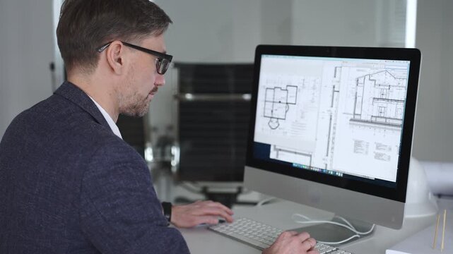 Architect developing building blueprint on computer, engineering and urban planning a new construction project. Business and architecture concept