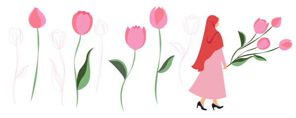 Woman in Hijab Holding Pink Tulips with Minimal Floral Illustration