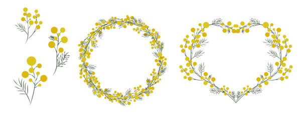 Yellow Mimosa Floral Wreath and Botanical Elements object for woman&rsquo;s day and wedding invitation design