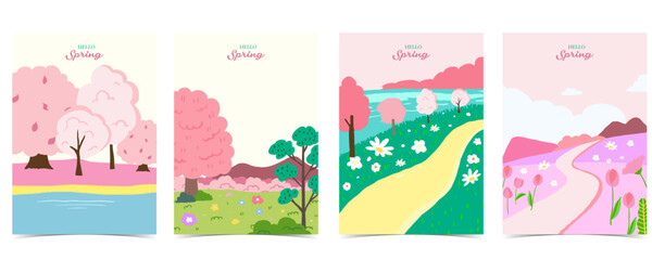 Cute Spring Landscape Illustration Set with cherry blossom Trees and Flower Fields background