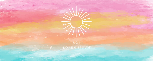 Watercolor Sunset and Sunrise horizontal banner, Pastel Ocean Landscape Wall Art background