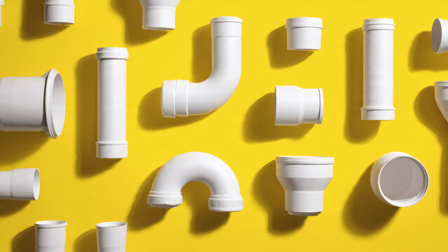 PVC fittings for water pipes arranged neatly on a solid yellow background, various white PVC connectors including elbows, tees, couplings, and reducers, clean and minimal industrial composition