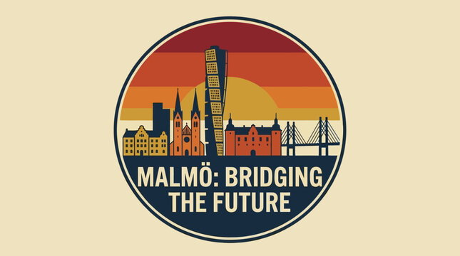 Malm&ouml; Bridging the Future - Iconic Cityscape with Sunset and Bridge Illustration