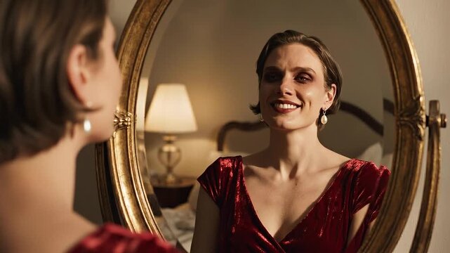 Elegant Woman Adorns Herself with Earrings in a Luxurious Mirror Reflection.