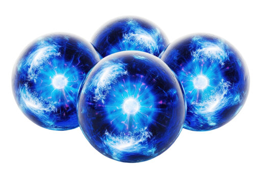Four photorealistic 3d rendered spheres, resembling glowing supercooled ice giants with swirling electric blue plasma, isolated on a brilliant white background. Concept of advanced abstract technology