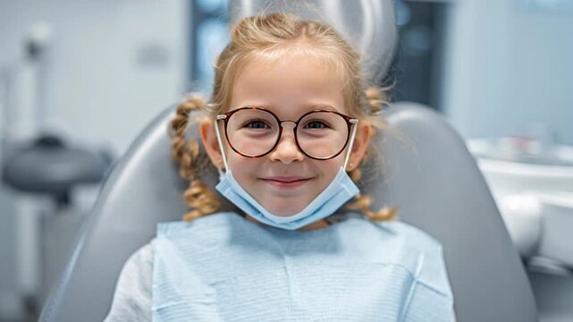 A smiling child with glasses sitting in a dental clinic chair wearing a medical mask