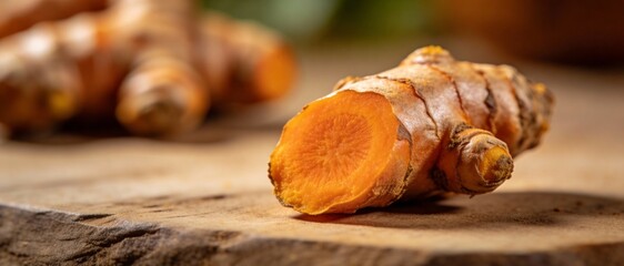 Close-up of a vibrant, sliced turmeric root with its bright orange interior on a rustic wooden surface
