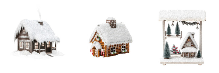 Set of Snowy Cabin Poses, Winter Holiday and Village Collection Isolated on White, PNG Oil Paint