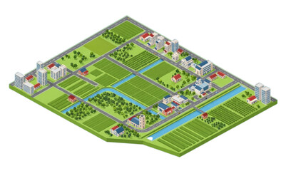 Obraz premium Modern Isometric Cityscape with Residential Buildings, Agricultural Fields, Roads, and Waterways Vector
