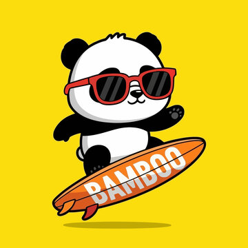 Cute Panda Surfing with Sunglasses on a Bamboo Surfboard.