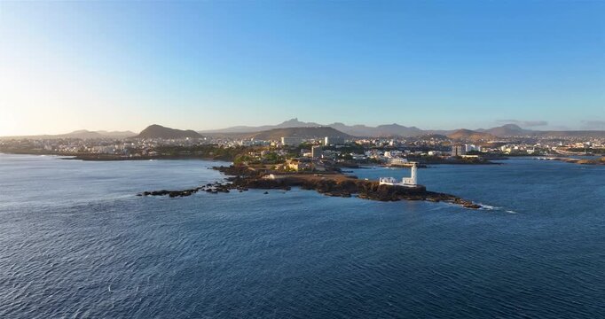 Aerial view of Praia Dona De Maria Pia lighthouse in Santiago - Capital of Cape Verde Islands - Cabo Verde