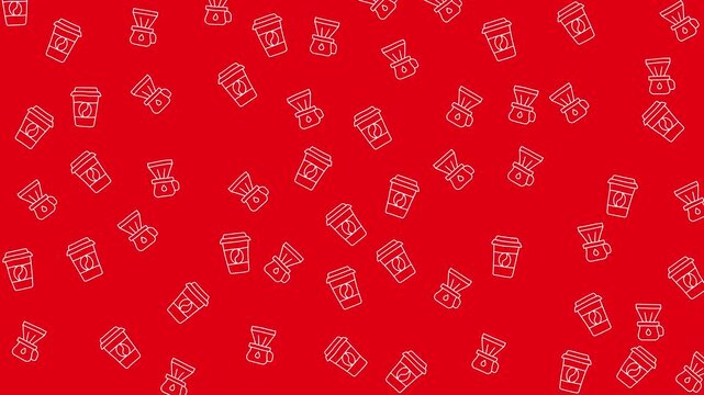 Many white cups and tied bags on a red background. Perfect for coffee shop branding and packaging designs.