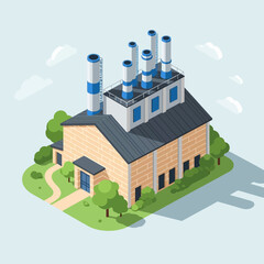 Naklejka premium Isometric Industrial Factory Building with Multiple Chimneys and Green Surroundings.