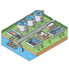 Obraz premium Isometric Water Treatment Plant with Filtration and Purification System.