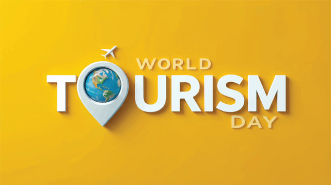 World Tourism Day banner with modern 3D typography, colorful globe icon, airplane and location pin elements, bright yellow background, clean minimal design, global travel celebration concept