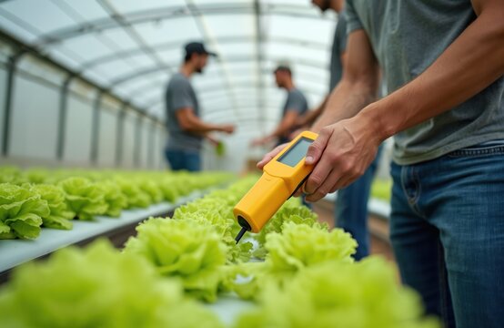 Farmers use tech device to check lettuce growth in greenhouse farm. Men monitor crops in hydroponic nursery. Healthy salad cultivation, modern agri business.