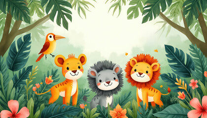 Naklejka premium Cute cartoon lions and bird in jungle with tropical plants. Watercolor illustration for kids room decor. Happy animal characters in forest setting.