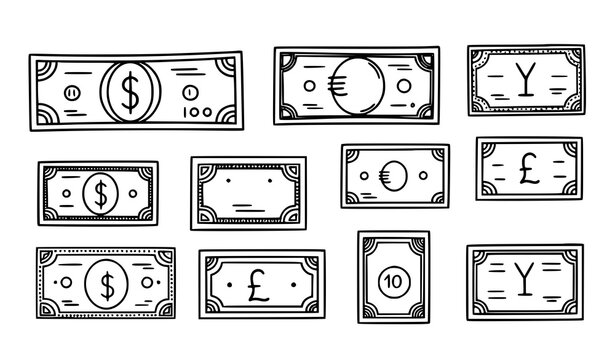 Decorative Money Banknote Doodle Outline Set Dollar Euro Pound Yuan Vector Icons