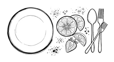 Hand drawn sketch of a dinner plate with cutlery and fruit slices. © Dika