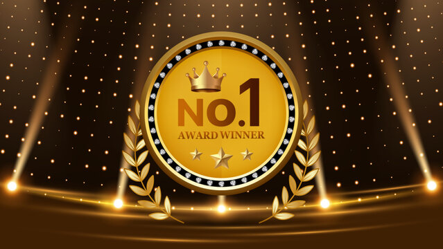 No.1 Award Winner Gold Badge with Crown and Laurel Wreath, Luxury Winner Medal on Glowing Stage Light Background, Achievement and Success Concept Vector Illustration