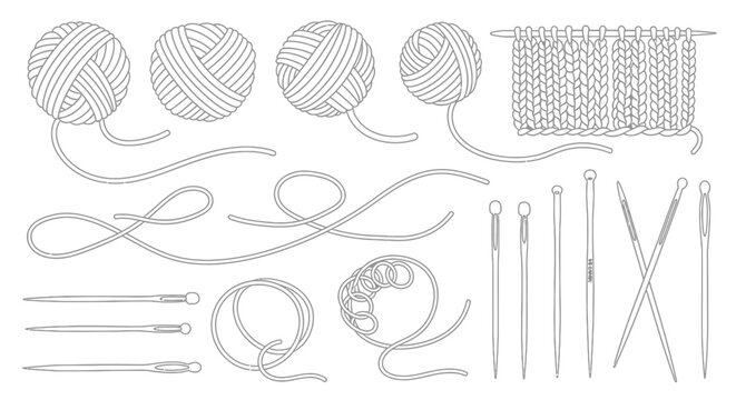 Hand Drawn Set of Yarn Balls and Knitting Needles Illustration.