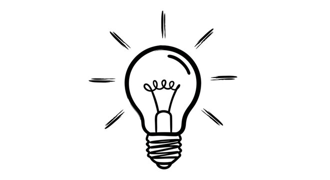 Hand drawn shining lightbulb icon illustration on white background.