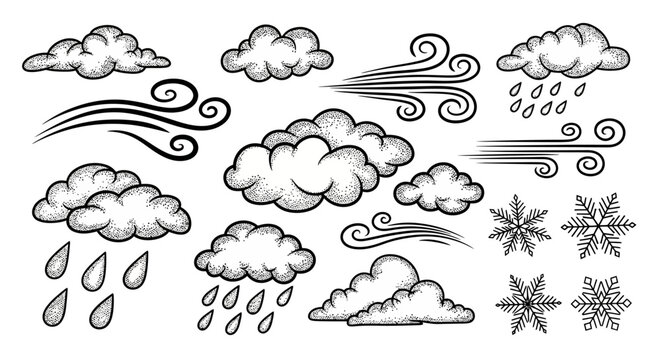 Hand drawn weather elements set with clouds, rain, wind, and snowflakes.