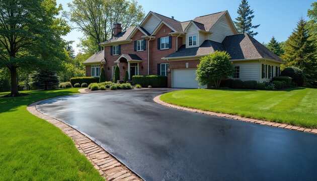 Suburban brick home with paved driveway and rich green lawn, surrounded by mature trees under a clear blue sky. Perfect for real estate listings or landscaping themes.