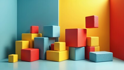 Obraz premium Colorful blocks arranged in a playful composition. Cubes and rectangles in red, yellow, and blue stack on a light blue surface with vibrant walls behind.