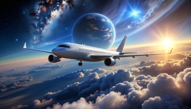 Airplane Flying Through Clouds Near Planet.
