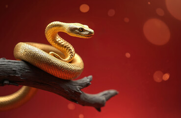 Naklejka premium Golden snake coiled on dark branch. Reptile looks watchful against red bokeh background. Symbolizes wealth luck power or danger. Exotic creature art.