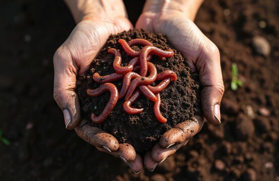 Hands hold rich soil with earthworms moving. Symbolizes healthy earth, organic farming, and natural cultivation. Life thrives underground promoting plant growth for better harvests.