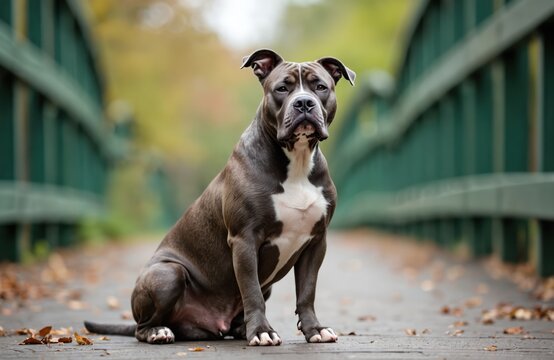 American bully XL dog sits on a wooden bridge with green railings. Autumn leaves fall around the large canine outdoors. The dog has a muscular build and serious expression.