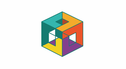Colorful geometric cube with interlocking shapes and optical illusion design.