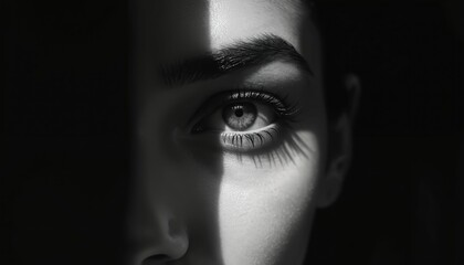 Fototapeta premium Black and white extreme close up shot of a woman eye partially hidden by shadow. Light beam crosses face highlighting brow and iris. Concept of mystery, surveillance, or introspection.