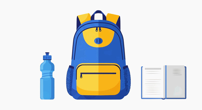 Essential learning and travel kit featuring a vibrant blue and yellow backpack, a refreshing blue water bottle, and an open book, symbolizing readiness for school, adventure, and academic pursuits