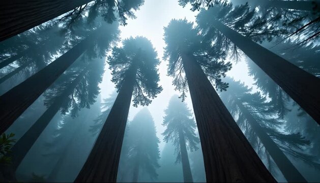 Tall ancient redwood trees reaching skyward in foggy forest with soft diffused light 