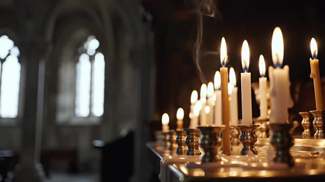 Chapel Candle Lighting Row of Glowing Prayer Candles on Far Right Copy Space