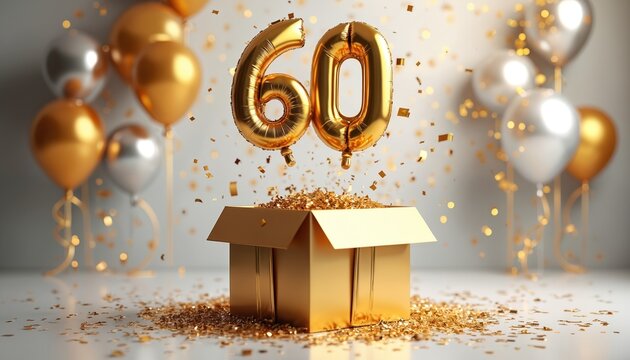 Golden number 60 balloons rise from open box with confetti. Silver and gold balloons float around. Festive surprise for 60th birthday party celebration.
