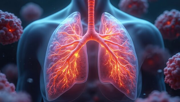 Glowing red human lungs with inflamed veins illustrated in abstract 3D style. Microscopic view shows viral or bacterial infection cells around respiratory organ. Health and medical concept.