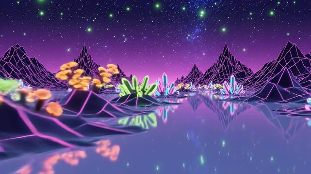 Vaporwave glowing crystals in wireframe mountain landscape at night