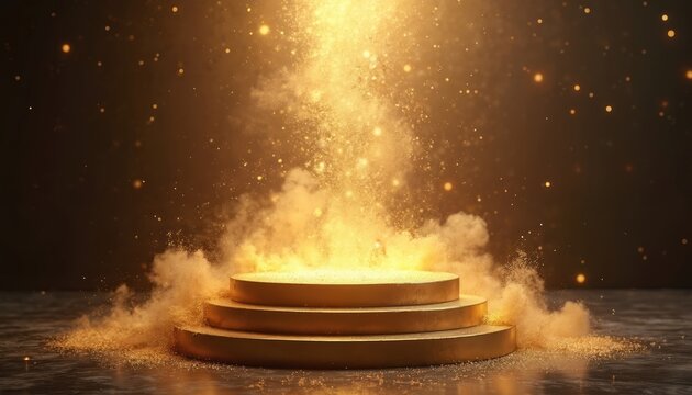 Tiered gold podium with golden dust explosion. Empty stage for product placement, advertising luxury goods, award ceremony. Use for promotion campaigns, beauty product launch.
