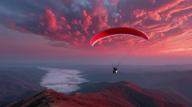 A paraglider soars over a mountain range at sunset, bathed in crimson hues