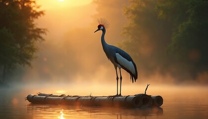 Elegant crowned crane bird stands on bamboo raft in misty river during sunrise. Golden sun rays break through fog, illuminating calm water and trees. Majestic crane shows its crown. © Pete