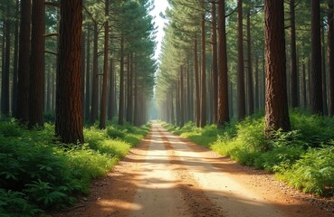 Obraz premium Dirt road through a tall pine forest with lush green undergrowth. Sunlight streams through the trees, casting dappled shadows on the path ahead.