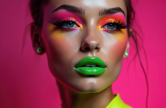 Woman wears bright neon eye shadow and green lip gloss. She has blue eyes and dark hair. Her skin glows under studio lights. This is a close-up portrait.