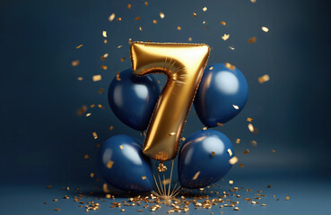 Obraz premium Golden number 7 balloon floats with navy blue balloons. Confetti scatters around for a festive celebration. Perfect for birthdays anniversaries and party themes.