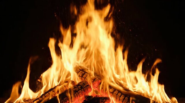 Close up of vibrant orange and yellow flames flickering on glowing red embers and stacked logs in a dark fireplace, evoking warmth and comfort.